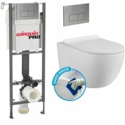 WIRQUIN Pack Complet WC Sans Bride Bati INITIO + Cuvette Blanche Suspendu Sans Bride + Plaque Chromée DESIGN