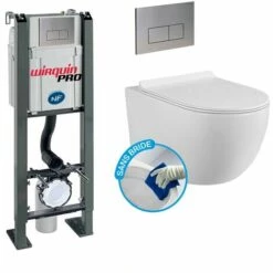 WIRQUIN Pack Complet WC Sans Bride Bati Autoportant + Cuvette Blanche Sans Bride + Plaque Chromée DESIGN