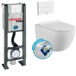 WIRQUIN Pack Complet WC Sans Bride Bati Autoportant + Cuvette Blanche Sans Bride + Plaque Blanche DESIGN