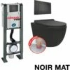 WIRQUIN Pack Complet WC Sans Bride Bati Autoportant + Cuvette Noir Mat Sans Bride + Plaque Noir Mat