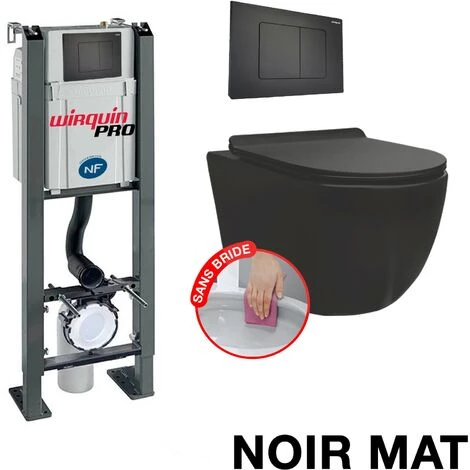 WIRQUIN Pack Complet WC Sans Bride Bati Autoportant + Cuvette Noir Mat Sans Bride + Plaque Noir Mat 1 WIRQUIN Pack Complet WC Sans Bride Bati Autoportant + Cuvette Noir Mat Sans Bride + Plaque Noir Mat