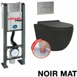 WIRQUIN Pack Complet WC Sans Bride Bati Autoportant + Cuvette Noir Matt Sans Bride + Plaque Inox DESIGN