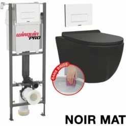 WIRQUIN Pack Complet WC Sans Bride Bati INITIO + Cuvette Noir Matt Suspendu Sans Bride + Plaque Blanche DESIGN