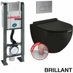 WIRQUIN Pack Complet WC Sans Bride Bati Autoportant + Cuvette Noir Brillant Sans Bride + Plaque Inox DESIGN
