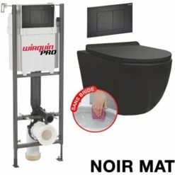 WIRQUIN Pack Complet WC Sans Bride Bati INITIO + Cuvette Noir Matt Suspendu Sans Bride + Plaque Noir Soft Touch