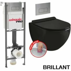 WIRQUIN Pack Complet WC Sans Bride Bati INITIO + Cuvette Noir Brillant Suspendu Sans Bride + Plaque Chromée DESIGN