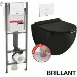 WIRQUIN Pack Complet WC Sans Bride Bati INITIO + Cuvette Noir Brillant Suspendu Sans Bride + Plaque Blanche DESIGN