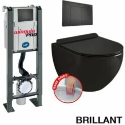 WIRQUIN Pack Complet WC Sans Bride Bati Autoportant + Cuvette Noir Brillant Sans Bride + Plaque Noir Soft Touch