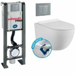 WIRQUIN Pack Complet WC Sans Bride Bati Autoportant + Cuvette Sans Bride + Plaque Chromée Modele CHRONO