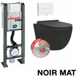 WIRQUIN Pack Complet WC Sans Bride Bati Autoportant + Cuvette Noir Matt Sans Bride + Plaque Blanche DESIGN